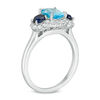 Thumbnail Image 1 of Oval Blue Topaz, Lab-Created Blue and White Sapphire Three Stone Ring in Sterling Silver