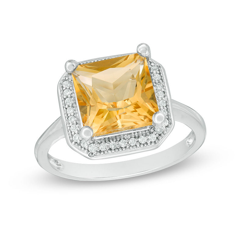 9.0mm Princess-Cut Citrine and 0.12 CT. T.W. Diamond Frame Vintage-Style Ring in 10K White Gold