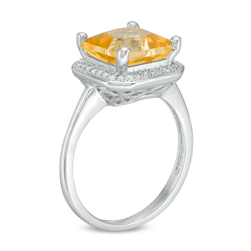 Main Image 2 of 9.0mm Princess-Cut Citrine and 0.12 CT. T.W. Diamond Frame Vintage-Style Ring in 10K White Gold