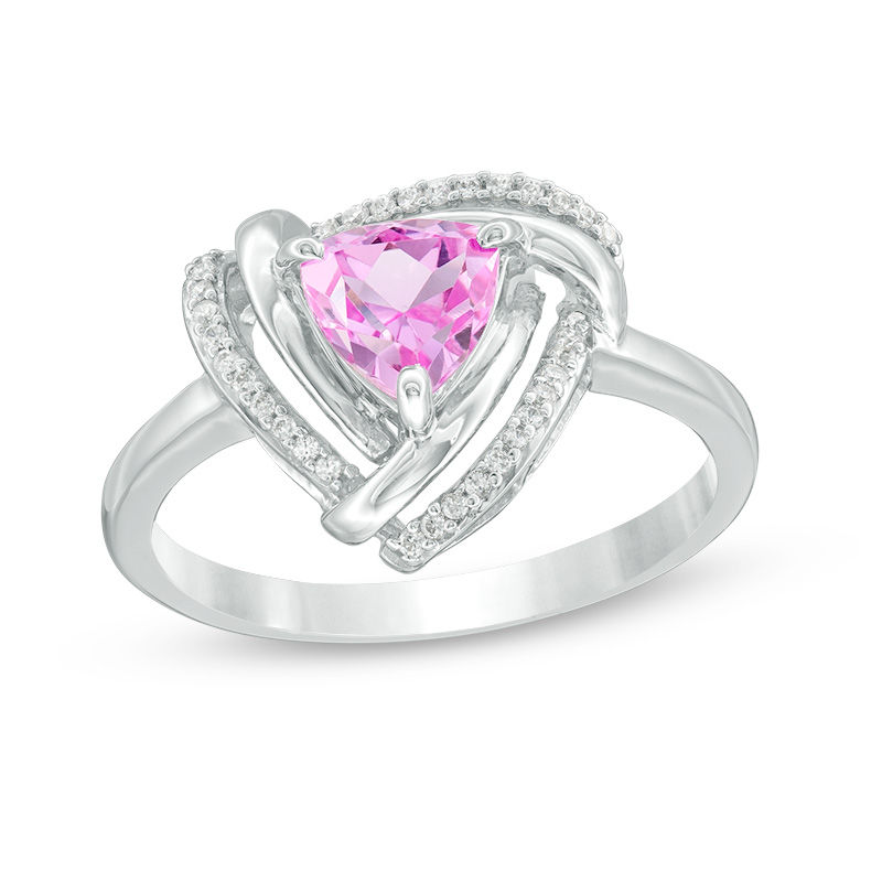 6.0mm Trillion-Cut Lab-Created Pink Sapphire and 0.09 CT. T.W. Diamond Swirl Frame Ring in Sterling Silver