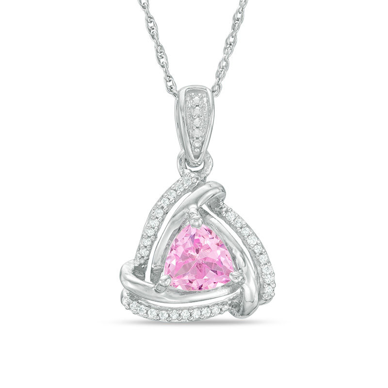 6.0mm Trillion-Cut Lab-Created Pink Sapphire and Diamond Accent Swirl Frame  Pendant in Sterling Silver