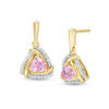 Thumbnail Image 1 of 5.0mm Trillion-Cut Lab-Created Pink Sapphire and 0.15 CT. T.W. Diamond Swirl Frame Drop Earrings in 10K Gold