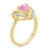 Thumbnail Image 2 of 6.0mm Trillion-Cut Lab-Created Pink Sapphire and 0.09 CT. T.W. Diamond Swirl Frame Ring in 10K Gold
