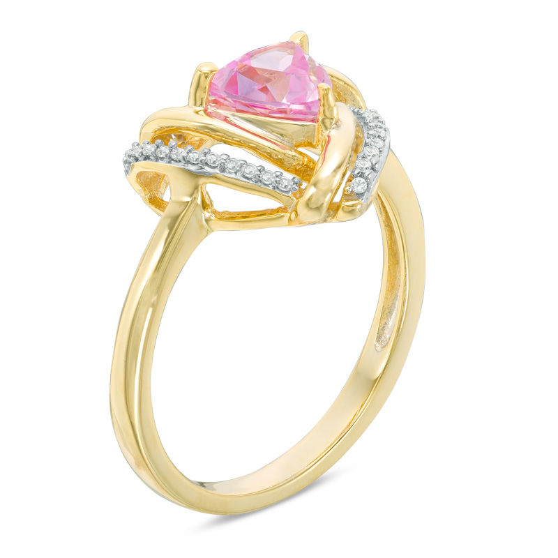 6.0mm Trillion-Cut Lab-Created Pink Sapphire and 0.09 CT. T.W. Diamond Swirl Frame Ring in 10K Gold