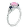 Thumbnail Image 2 of Lab-Created Pink Sapphire, Heart-Shaped Lab-Created Blue Sapphire and Diamond Accent Three Stone Ring in Sterling Silver