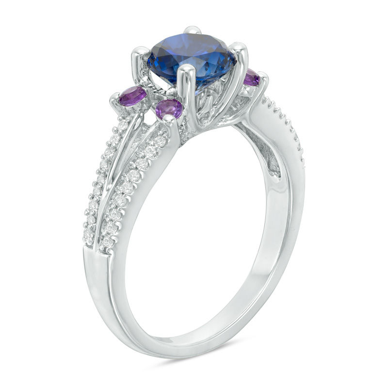 Main Image 2 of 6.5mm Lab-Created Blue Sapphire, Amethyst and 0.15 CT. T.W. Diamond Split Shank Ring in 10K White Gold