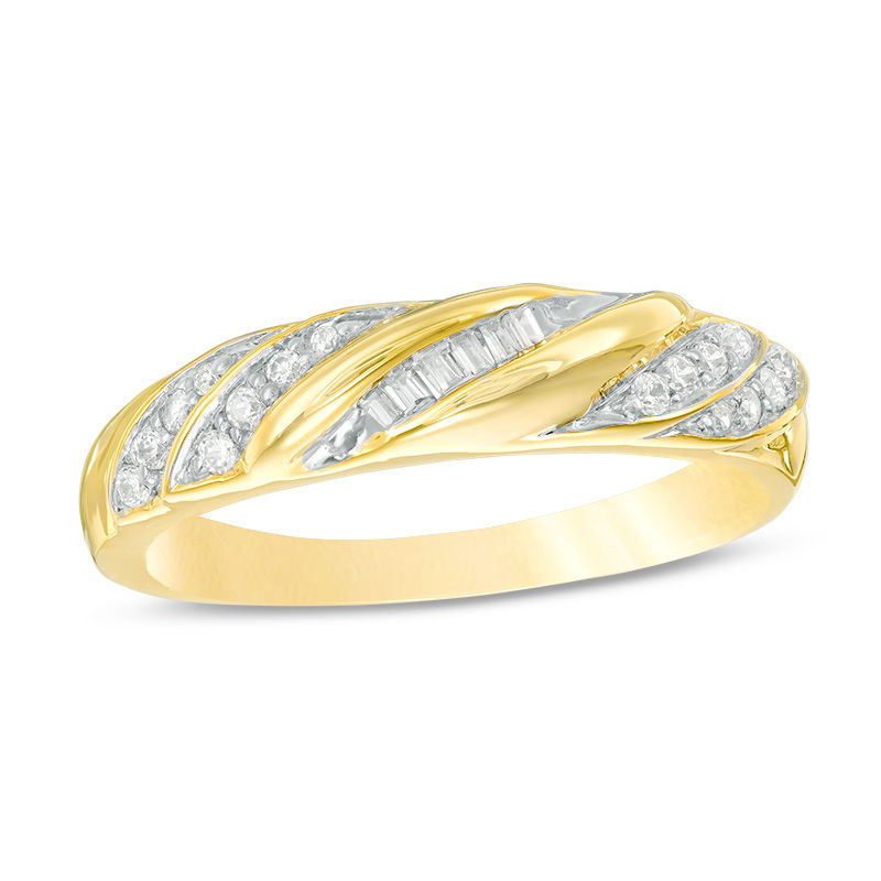 0.15 CT. T.W. Baguette and Round Diamond Twist Slant Anniversary Band in 10K Gold