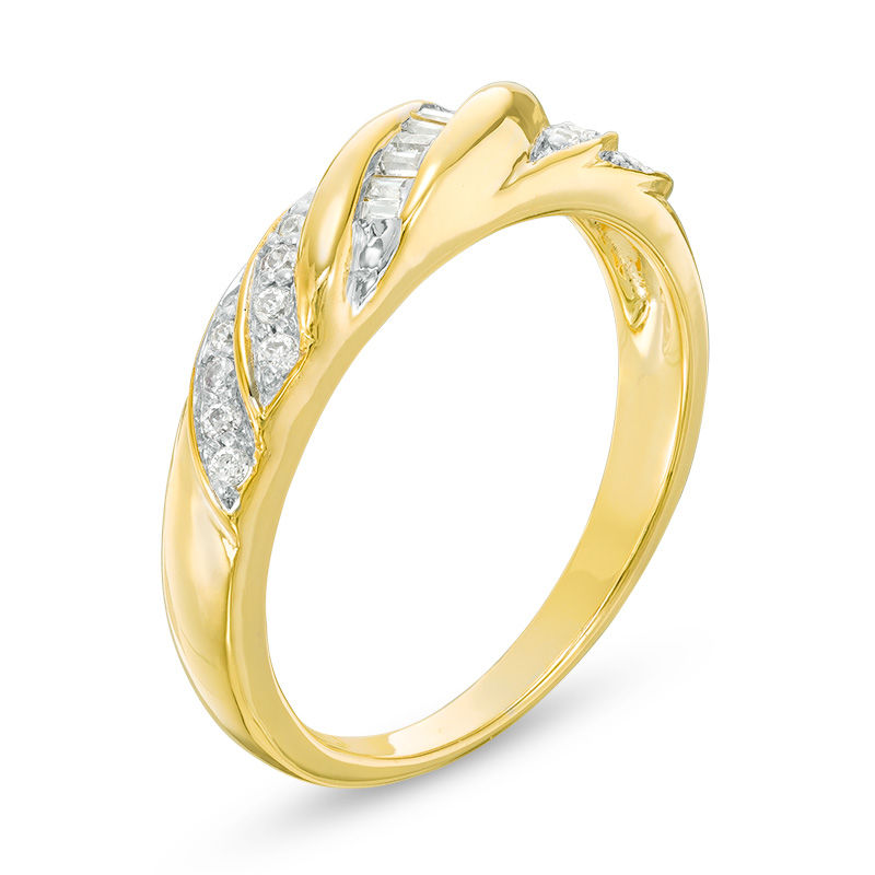0.15 CT. T.W. Baguette and Round Diamond Twist Slant Anniversary Band in 10K Gold