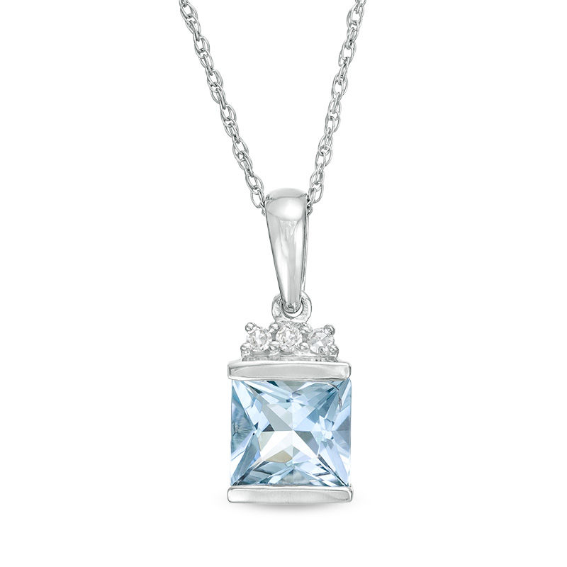 Main Image 1 of 6.0mm Princess-Cut Aquamarine and Diamond Accent Trio Drop Pendant in 10K White Gold