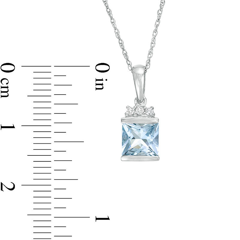 Main Image 3 of 6.0mm Princess-Cut Aquamarine and Diamond Accent Trio Drop Pendant in 10K White Gold