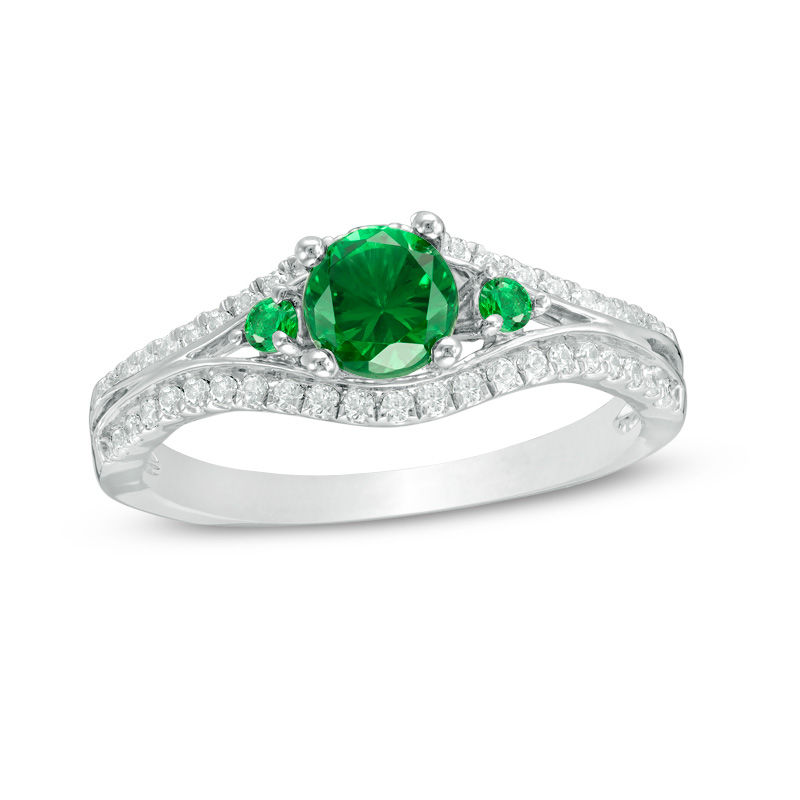 5.0mm Lab-Created Emerald and 0.23 CT. T.W. Diamond Split Shank Engagement Ring in Sterling Silver