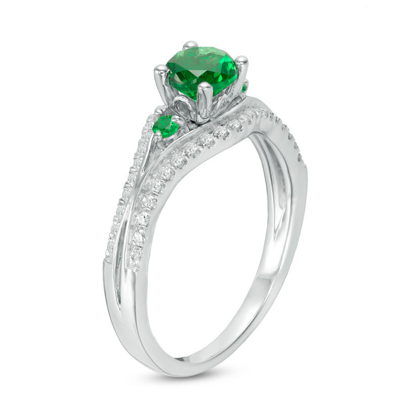 5.0mm Lab-Created Emerald and 0.23 CT. T.W. Diamond Split Shank Engagement Ring in Sterling Silver