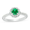 Thumbnail Image 0 of 5.2mm Lab-Created Emerald, White Sapphire and 0.09 CT. T.W. Diamond Flower Frame Engagement Ring in Sterling Silver
