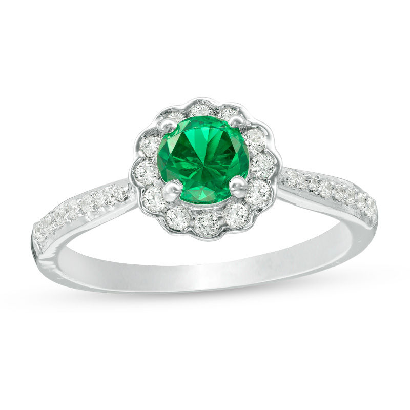 5.2mm Lab-Created Emerald, White Sapphire and 0.09 CT. T.W. Diamond Flower Frame Engagement Ring in Sterling Silver