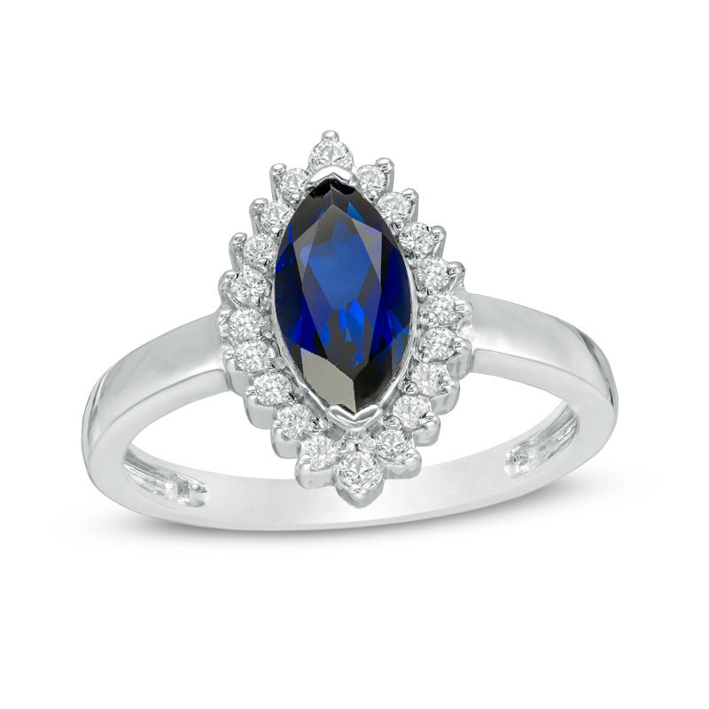 Marquise Lab-Created Blue and White Sapphire Sunburst Frame Ring in Sterling Silver|Peoples Jewellers