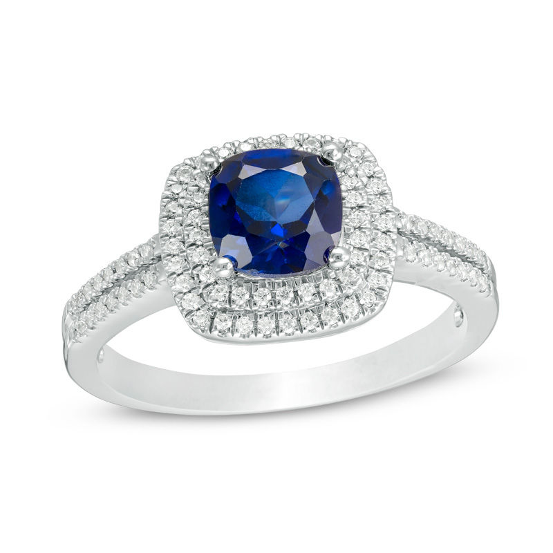 6.0mm Cushion-Cut Lab-Created Blue Sapphire and 0.23 CT. T.W. Diamond Double Frame Engagement Ring in 10K White Gold