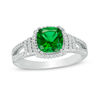 Thumbnail Image 0 of 7.0mm Cushion-Cut Lab-Created Emerald and 0.18 CT. T.W. Diamond Collar Engagement Ring in Sterling Silver