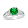 Thumbnail Image 1 of 7.0mm Cushion-Cut Lab-Created Emerald and 0.18 CT. T.W. Diamond Collar Engagement Ring in Sterling Silver