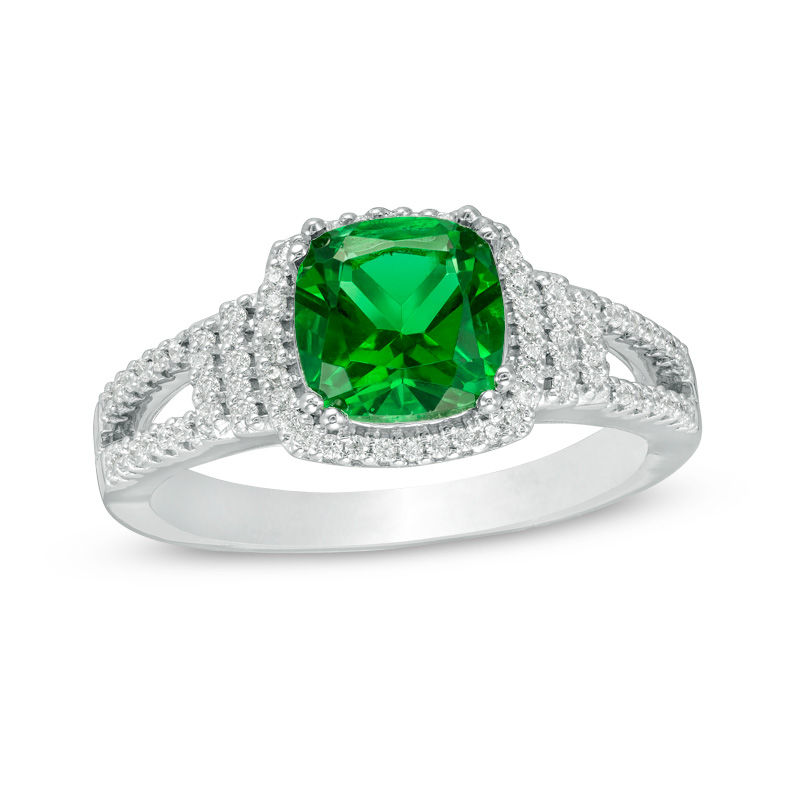 7.0mm Cushion-Cut Lab-Created Emerald and 0.18 CT. T.W. Diamond Collar Engagement Ring in Sterling Silver