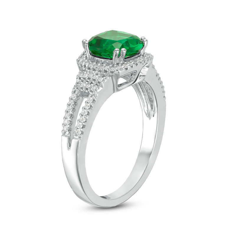 Main Image 2 of 7.0mm Cushion-Cut Lab-Created Emerald and 0.18 CT. T.W. Diamond Collar Engagement Ring in Sterling Silver