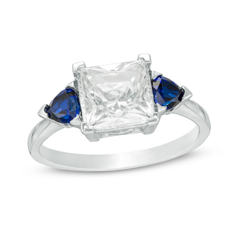 8.0mm Princess-Cut Lab-Created White and Blue Sapphire Three Stone Ring in Sterling Silver