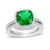 Thumbnail Image 1 of 9.0mm Cushion-Cut Lab-Created Emerald and 0.18 CT. T.W. Diamond Frame Bridal Set in 10K White Gold