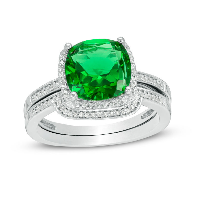 9.0mm Cushion-Cut Lab-Created Emerald and 0.18 CT. T.W. Diamond Frame Bridal Set in 10K White Gold