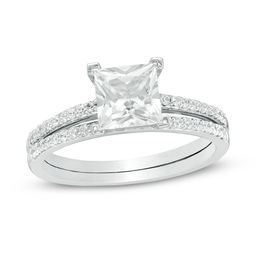 6.0mm Princess-Cut White Lab-Created Sapphire and 0.18 CT. T.W. Diamond Bridal Set in 10K White Gold