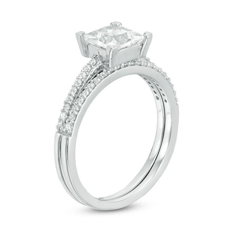 6.0mm Princess-Cut White Lab-Created Sapphire and 0.18 CT. T.W. Diamond Bridal Set in 10K White Gold