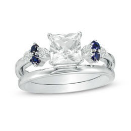 5.0mm Princess-Cut Lab-Created White and Blue Sapphire Quad-Sides Bridal Set in Sterling Silver