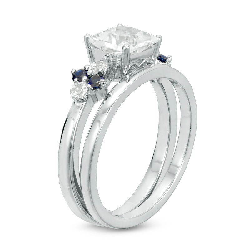 5.0mm Princess-Cut Lab-Created White and Blue Sapphire Quad-Sides Bridal Set in Sterling Silver