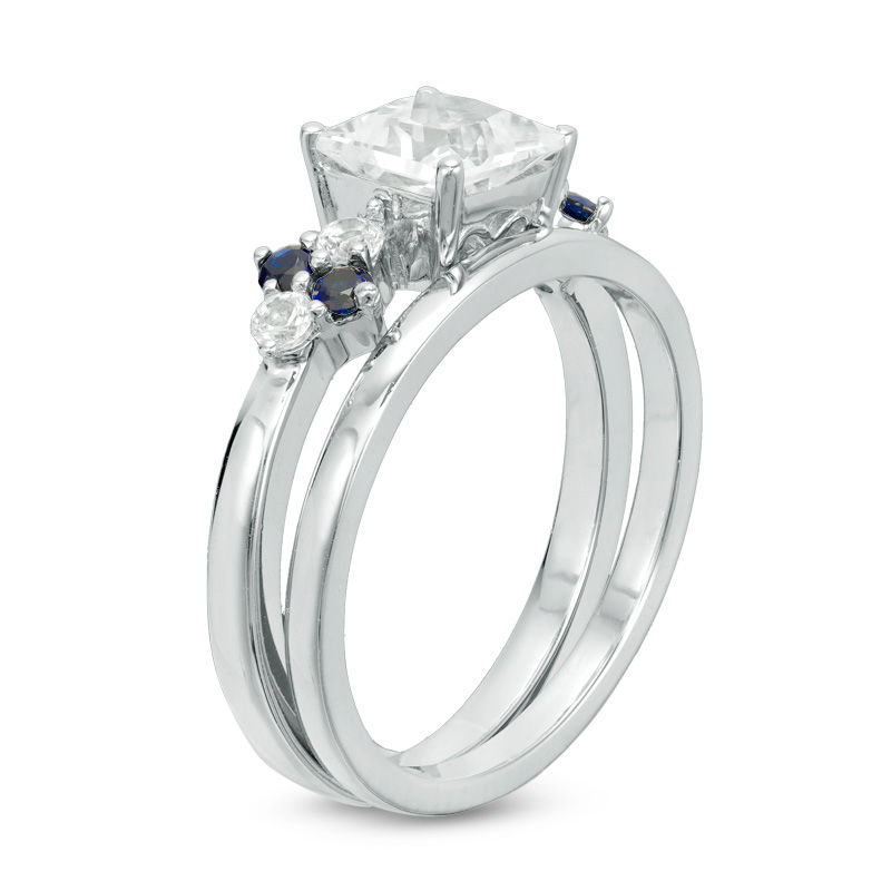 Main Image 2 of 5.0mm Princess-Cut Lab-Created White and Blue Sapphire Quad-Sides Bridal Set in Sterling Silver