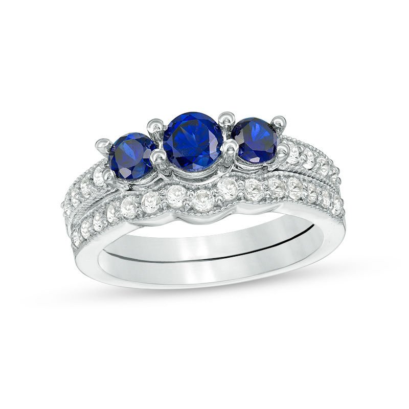 4.5mm Lab-Created Blue and White Sapphire Three Stone Bridal Set in Sterling Silver