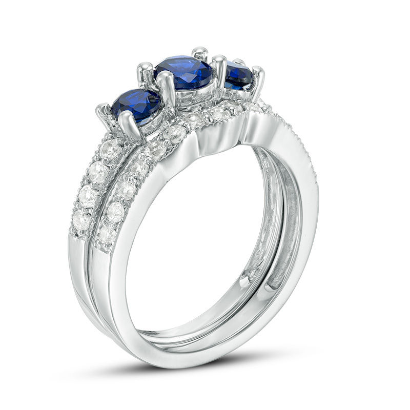 4.5mm Lab-Created Blue and White Sapphire Three Stone Bridal Set in Sterling Silver