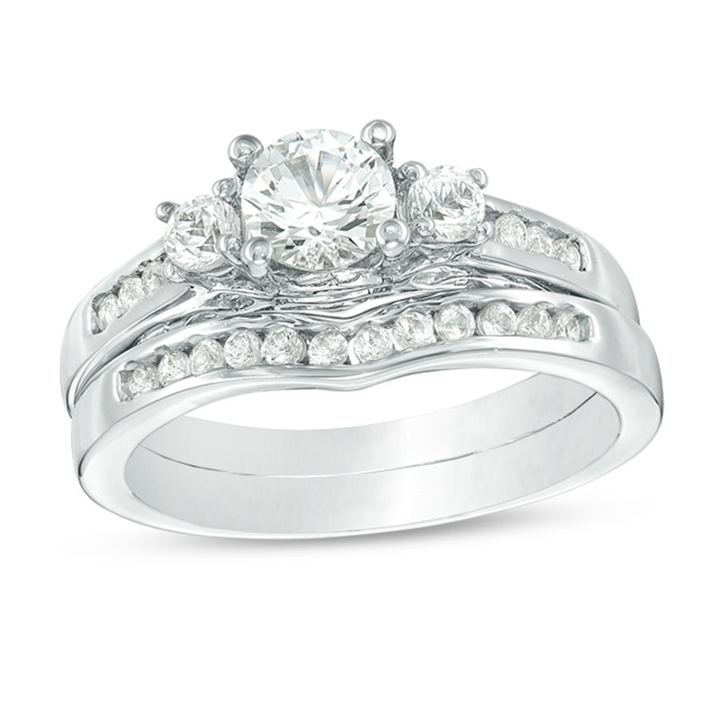 5.4mm Lab-Created White Sapphire Three Stone Bridal Set in 10K White Gold|Peoples Jewellers