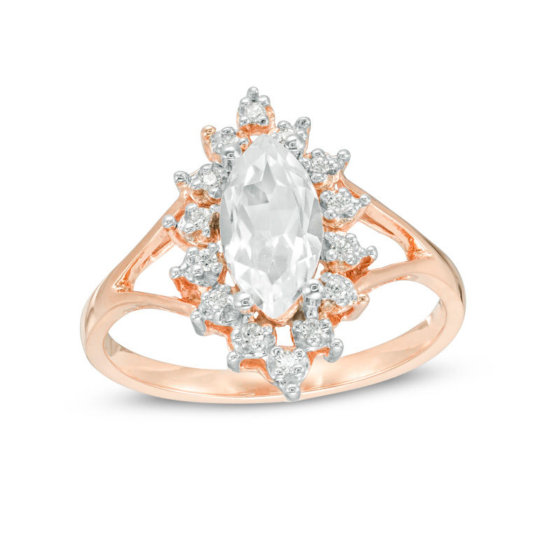 Marquise Lab-Created White Sapphire and 0.07 CT. T.W. Diamond Sunburst Frame Engagement Ring in 10K Rose Gold