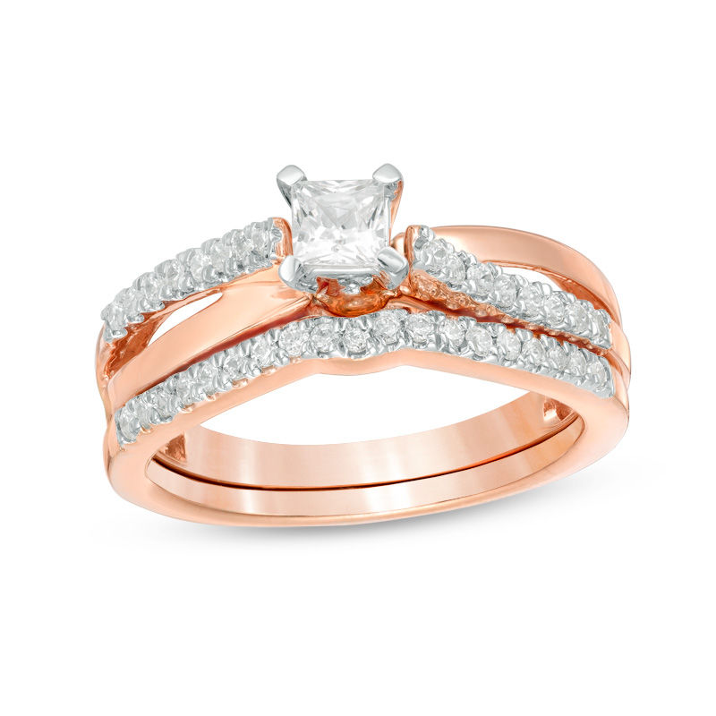 Princess cut rose online gold wedding set
