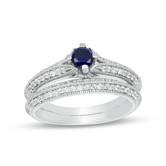 Lab-Created Blue Sapphire and 0.33 CT. T.W. Diamond Vintage-Style Bridal Set in 10K White Gold