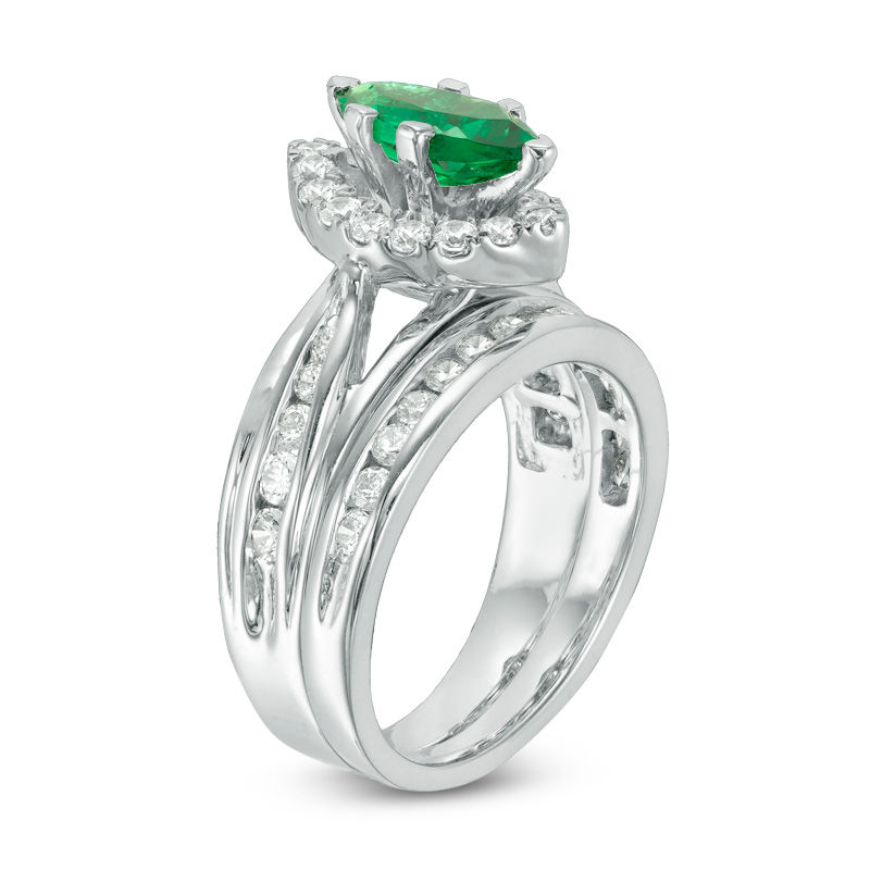 Main Image 2 of Marquise Lab-Created Emerald and 0.95 CT. T.W. Diamond Frame Bridal Set in 10K White Gold