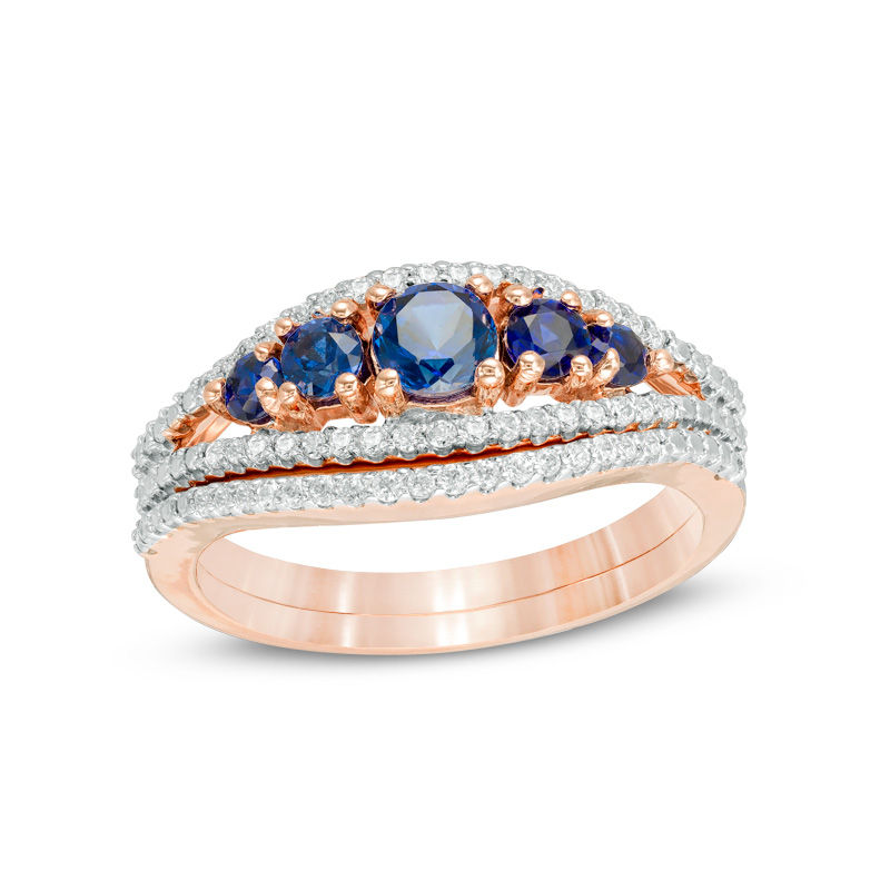 Lab-Created Blue Sapphire and 0.17 CT. T.W. Diamond Five Stone Bridal Set in 10K Rose Gold