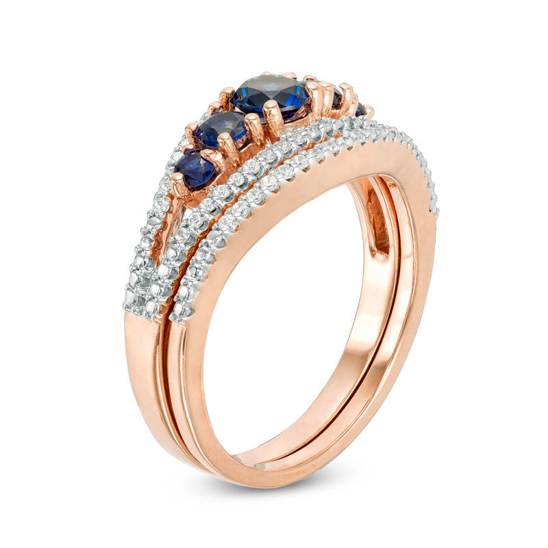 Lab-Created Blue Sapphire and 0.17 CT. T.W. Diamond Five Stone Bridal Set in 10K Rose Gold