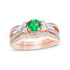 Thumbnail Image 0 of 5.8mm Lab-Created Emerald and 0.18 CT. T.W. Diamond Tri-Sides Bridal Set in 10K Rose Gold