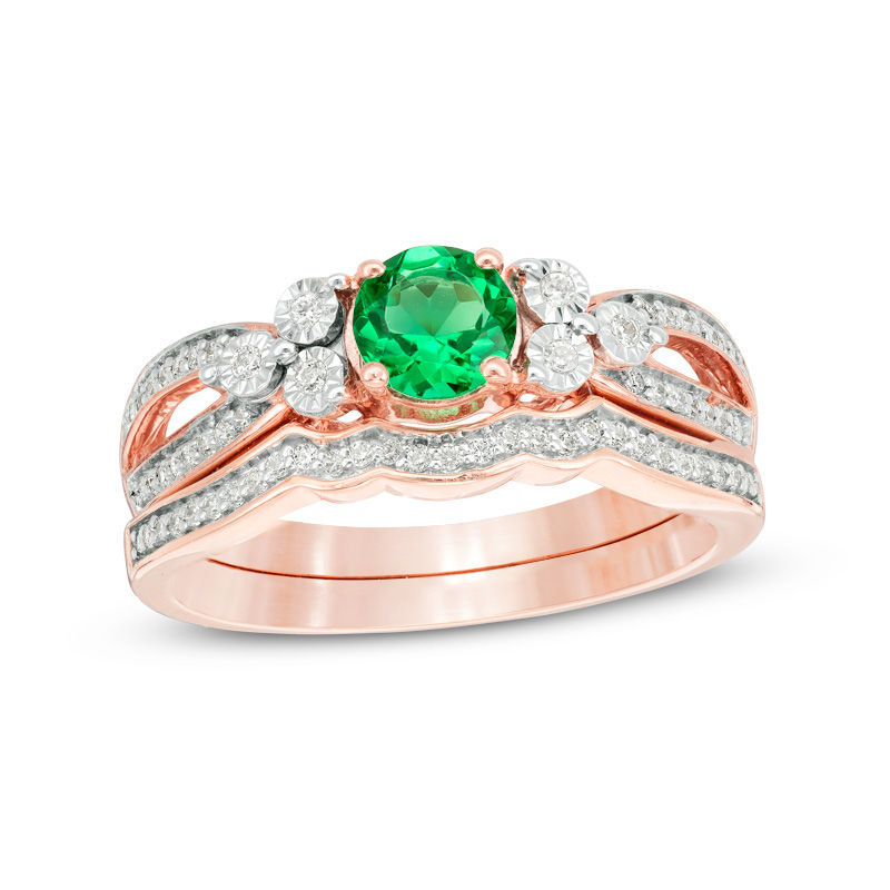 5.8mm Lab-Created Emerald and 0.18 CT. T.W. Diamond Tri-Sides Bridal Set in 10K Rose Gold