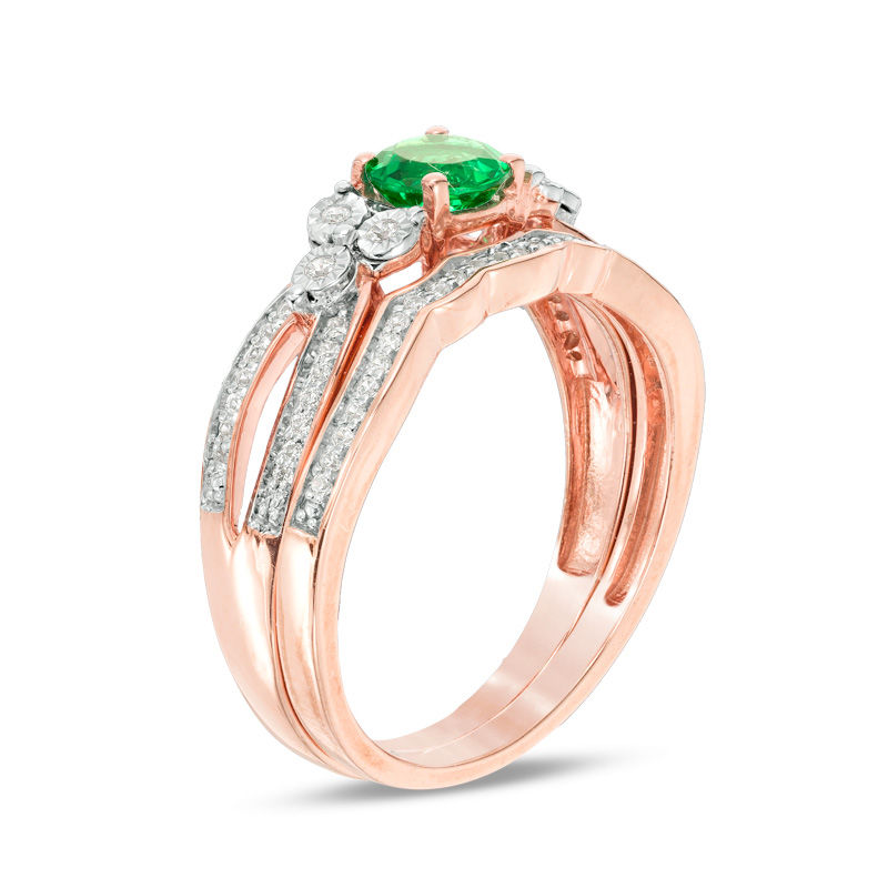 Main Image 2 of 5.8mm Lab-Created Emerald and 0.18 CT. T.W. Diamond Tri-Sides Bridal Set in 10K Rose Gold