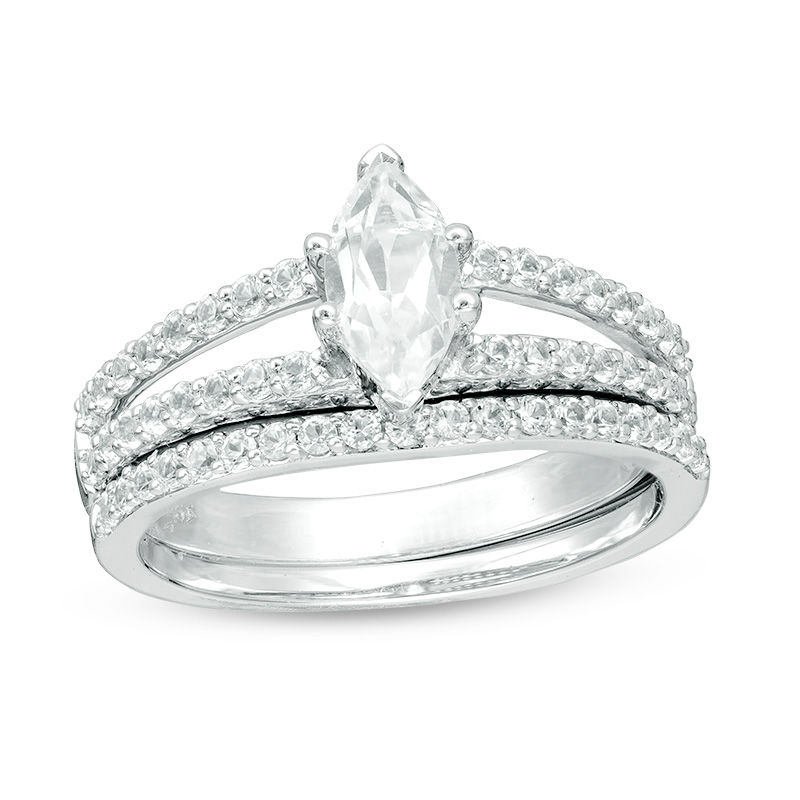 Marquise Lab-Created White Sapphire Split Shank Bridal Set in 10K White Gold