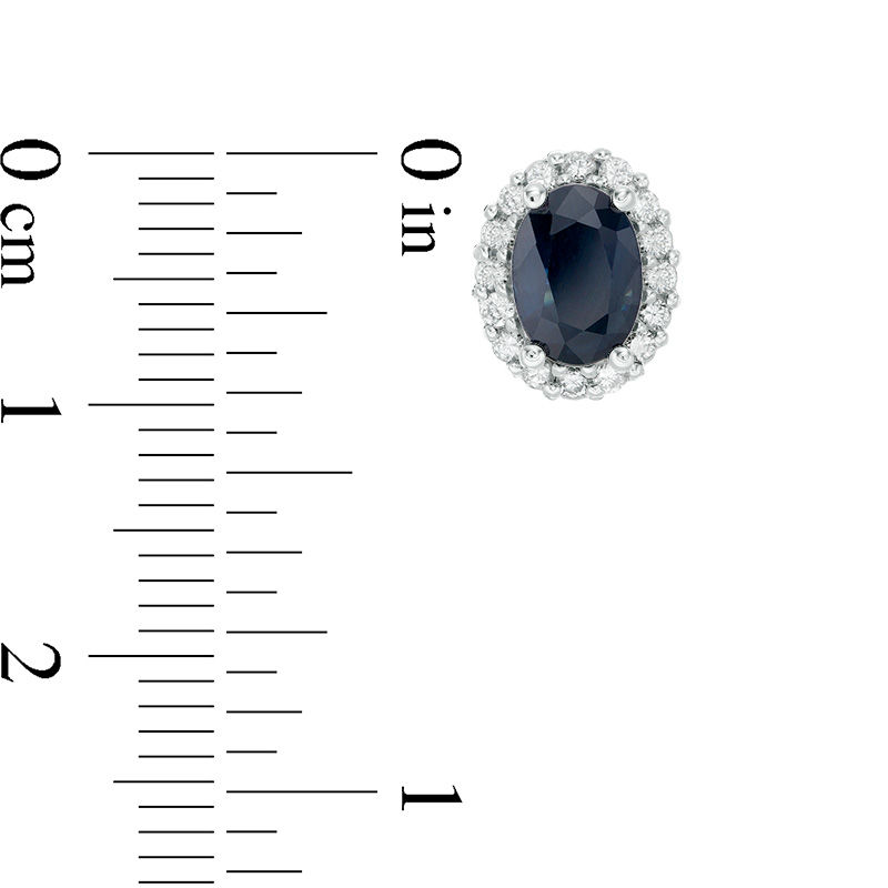 Main Image 2 of Oval Blue Sapphire and 0.38 CT. T.W. Diamond Frame Stud Earrings in 10K White Gold