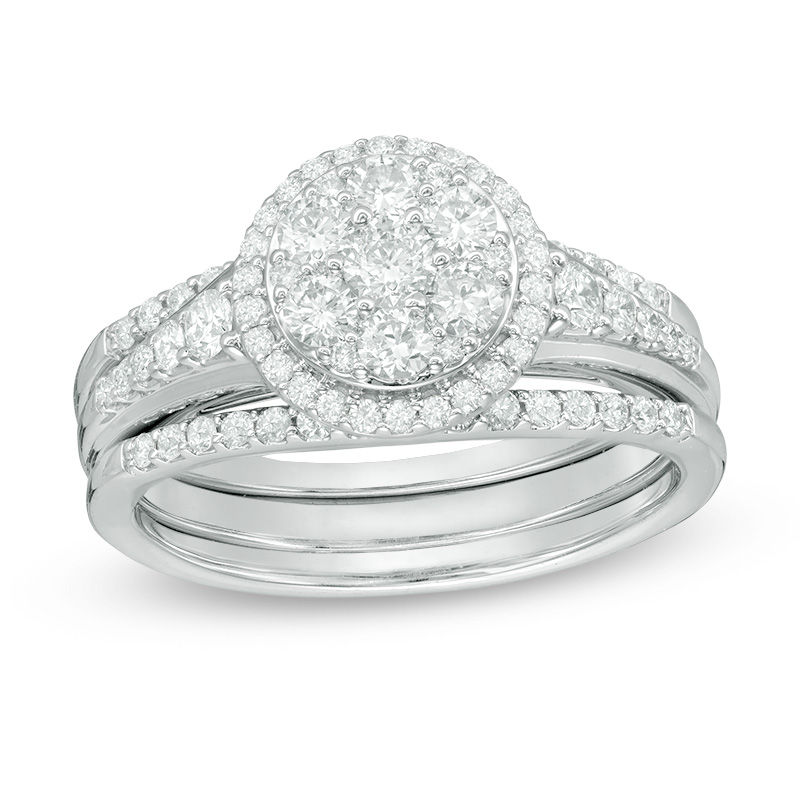 Main Image 1 of 1.00 CT. T.W. Composite Diamond Frame Three Piece Bridal Set in 14K White Gold