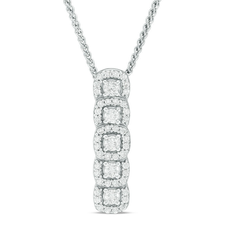 0.70 CT. T.W. Diamond Cushion Frame Five Stone Bolo Necklace in Sterling Silver - 30"