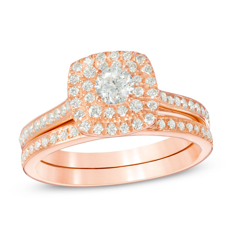 0.70 CT. T.W. Diamond Double Cushion Frame Bridal Set in 10K Rose Gold