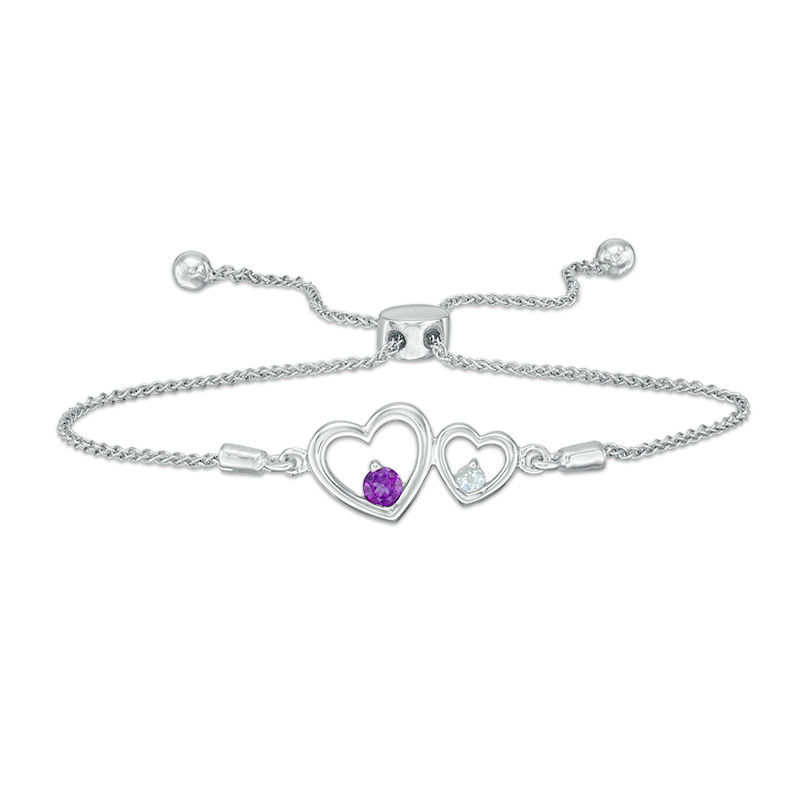 Couple’s Simulated Birthstone Double Heart Frame Bolo Bracelet in Sterling Silver (2 Stones)